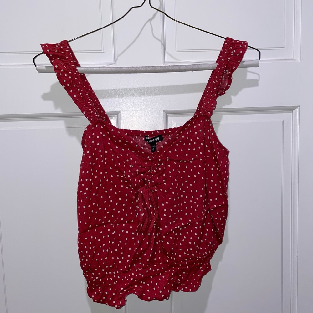 Express Womens Red Polka Dot Ruffled Wide Strap Tank Top, medium